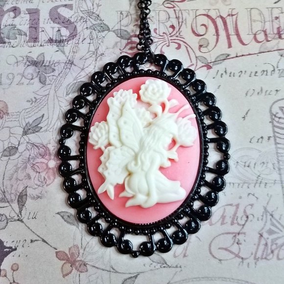 Baroque Vintage - Custom Jewelry - Light Pink Flower Fairy Cameo & Black Chain